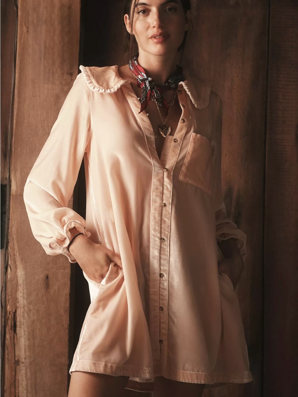 Anthropologie Pilcro Velvet Peach Button-Up Mini Dress